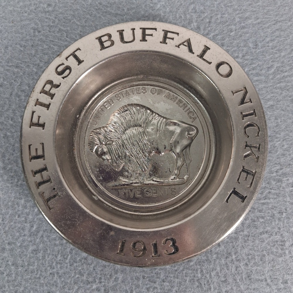 Avon The First Buffalo Nickel 1913 Silver Tone Trinket Dish Coin Tray 4.5"